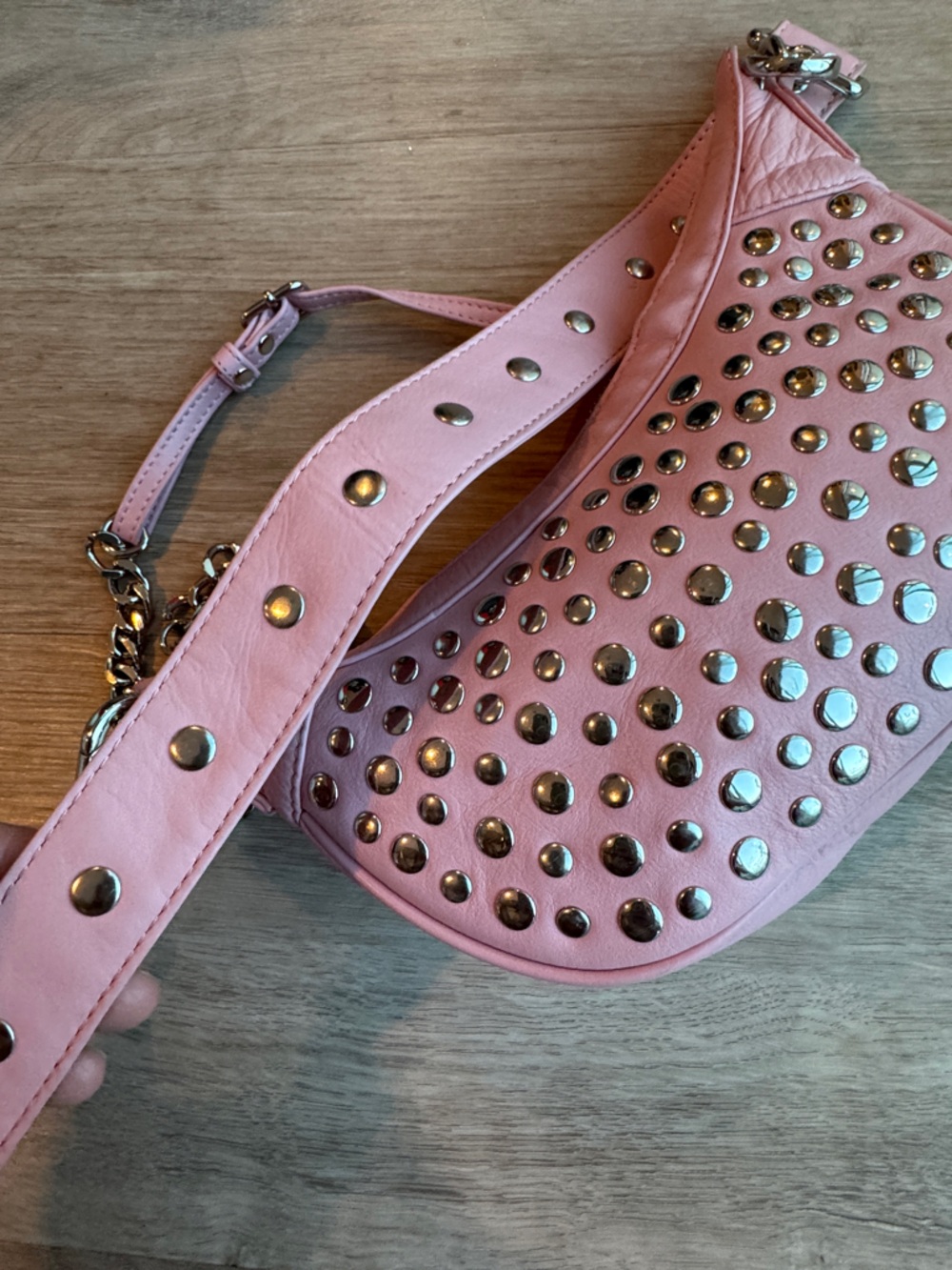 Núnoo Pluto Rivet Silky Pink Leather Crescent Studded Shoulder Bag Y2K - Picture 8 of 13